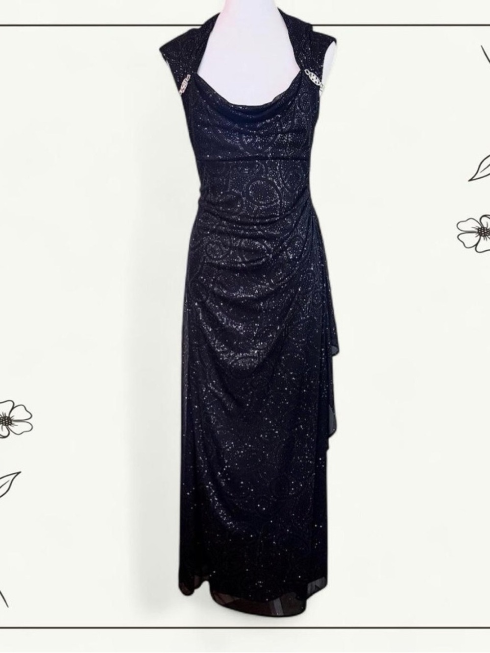 R&M Richards Black Sparkle Cowl Neck Evening Gown